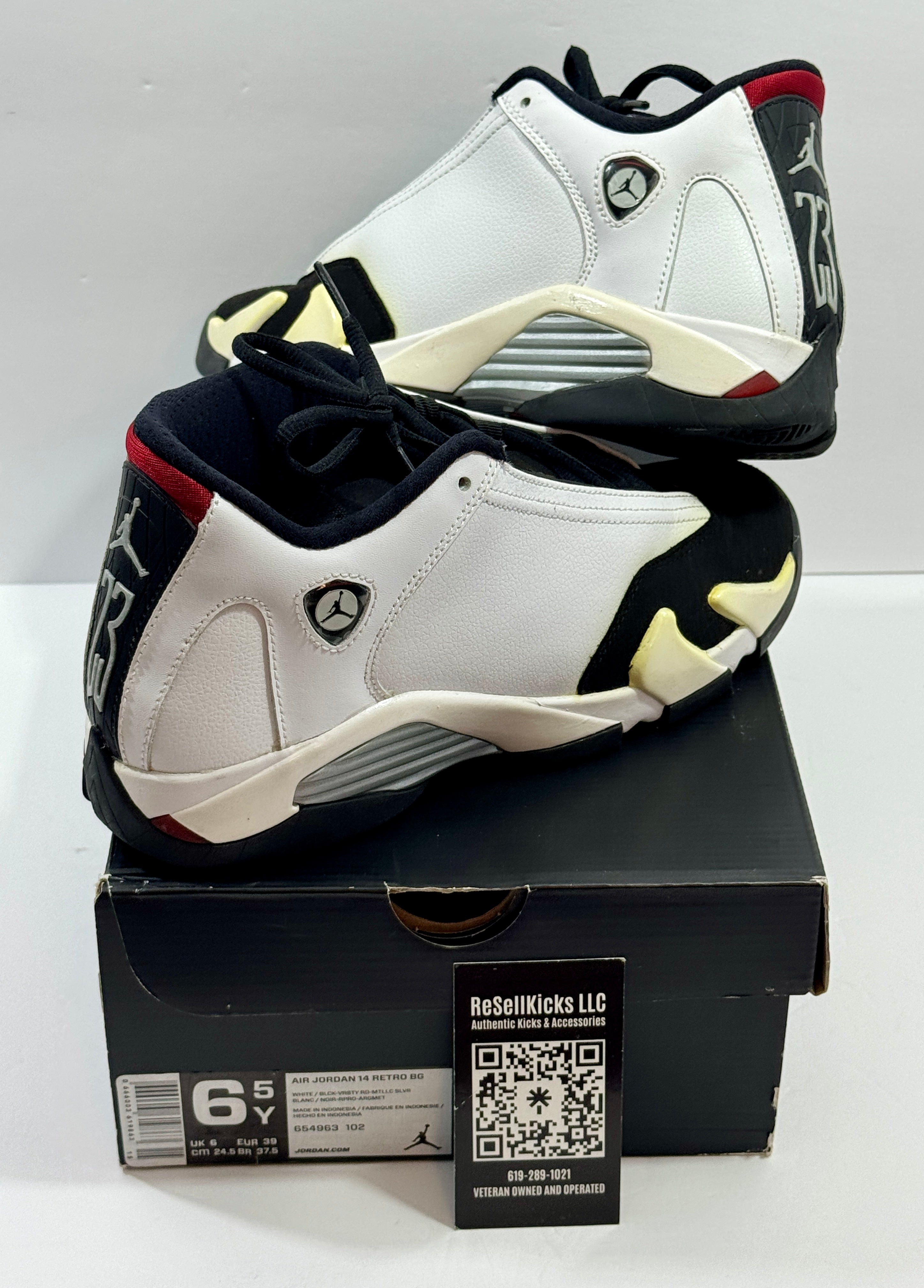 USED SIZE 6.5 YOUTH - AIR JORDAN 14 RETRO GS "BLACK TOE" 2014